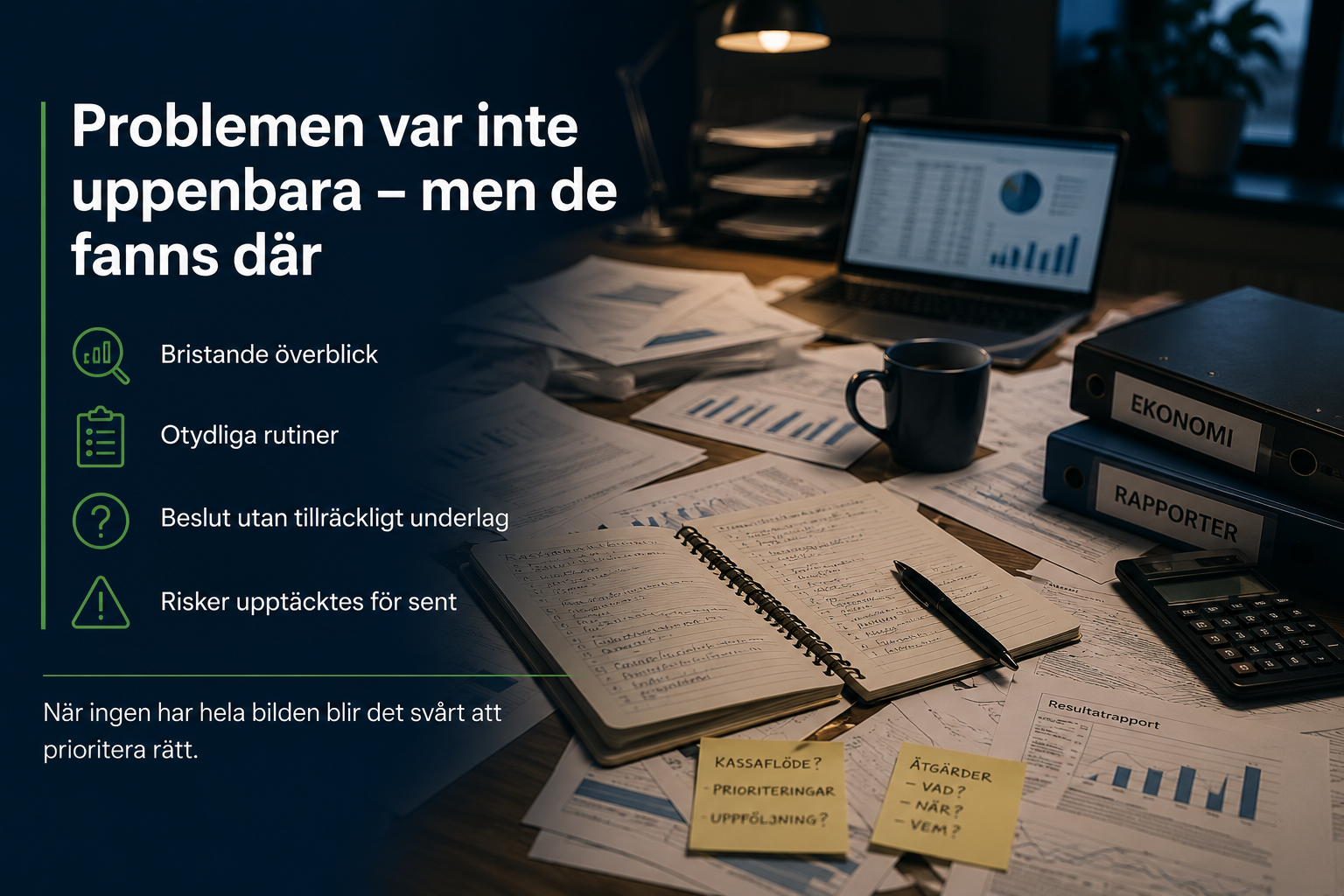 Bristande överblick och otydliga rutiner i företag som behöver bättre struktur och kontroll.