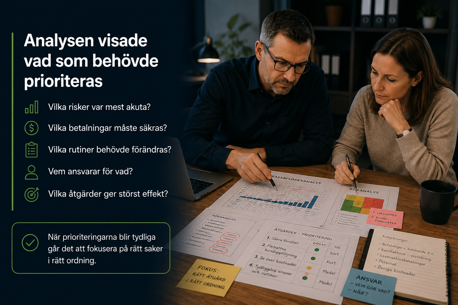 Fföretagets ekonomi och kassaflöde för att prioritera rätt åtgärder.