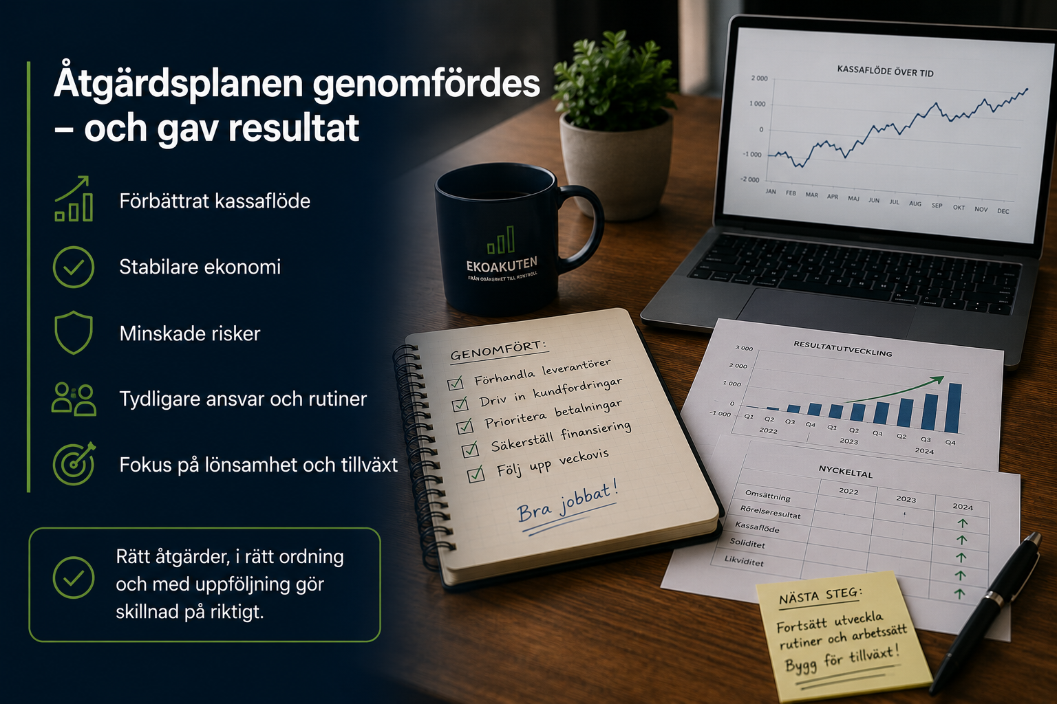 Åtgärdsplan genomförs och ger resultat genom förbättrat kassaflöde, minskade risker och bättre kontroll i företaget.