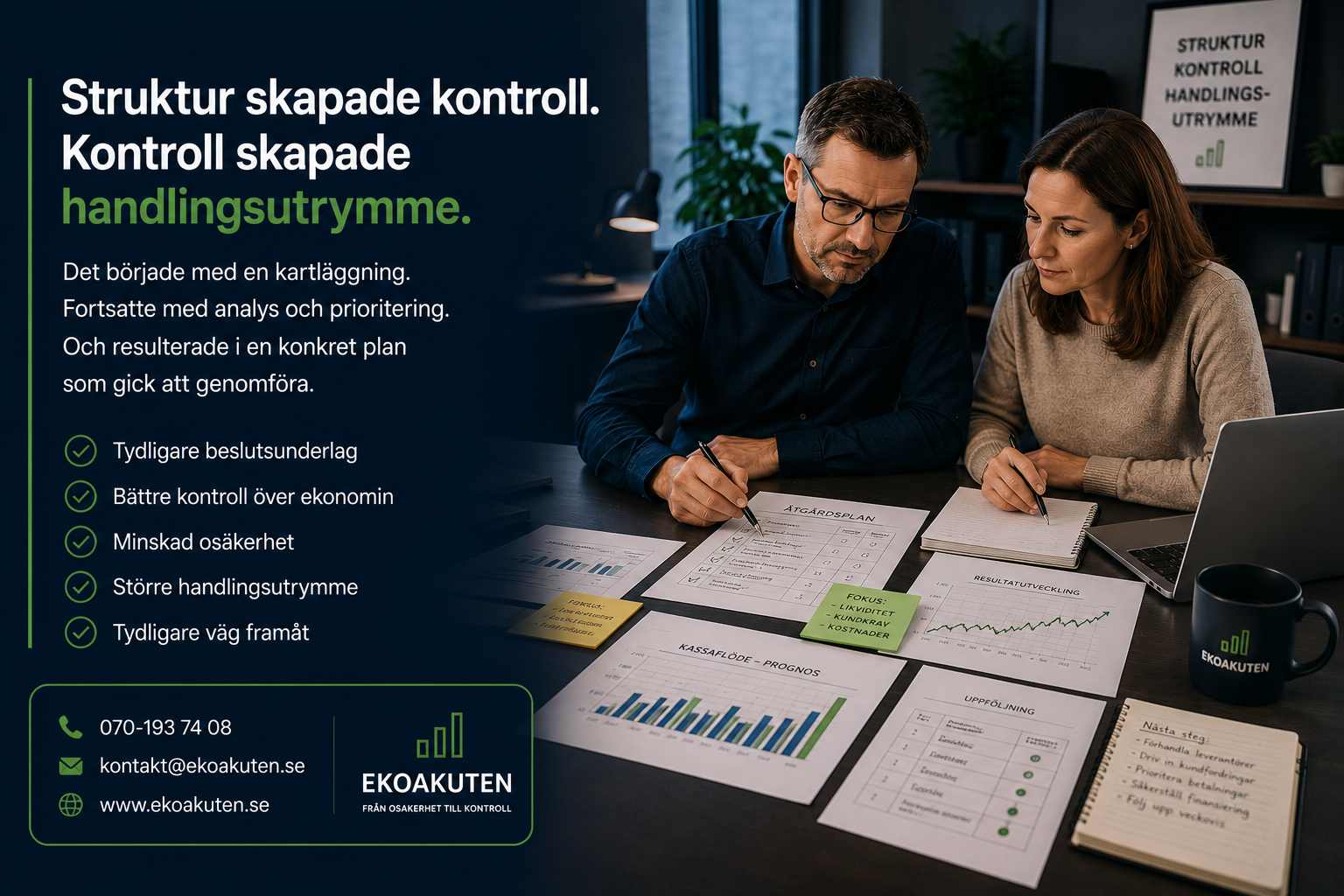 Företagsledning arbetar med åtgärdsplan och uppföljning för att skapa struktur, kontroll och handlingsutrymme.
