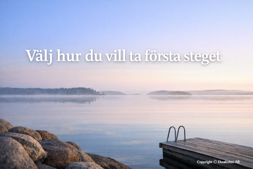 Välj hur du vill ta första steget – lugn sjö och brygga i gryningsljus, Ekoakuten AB