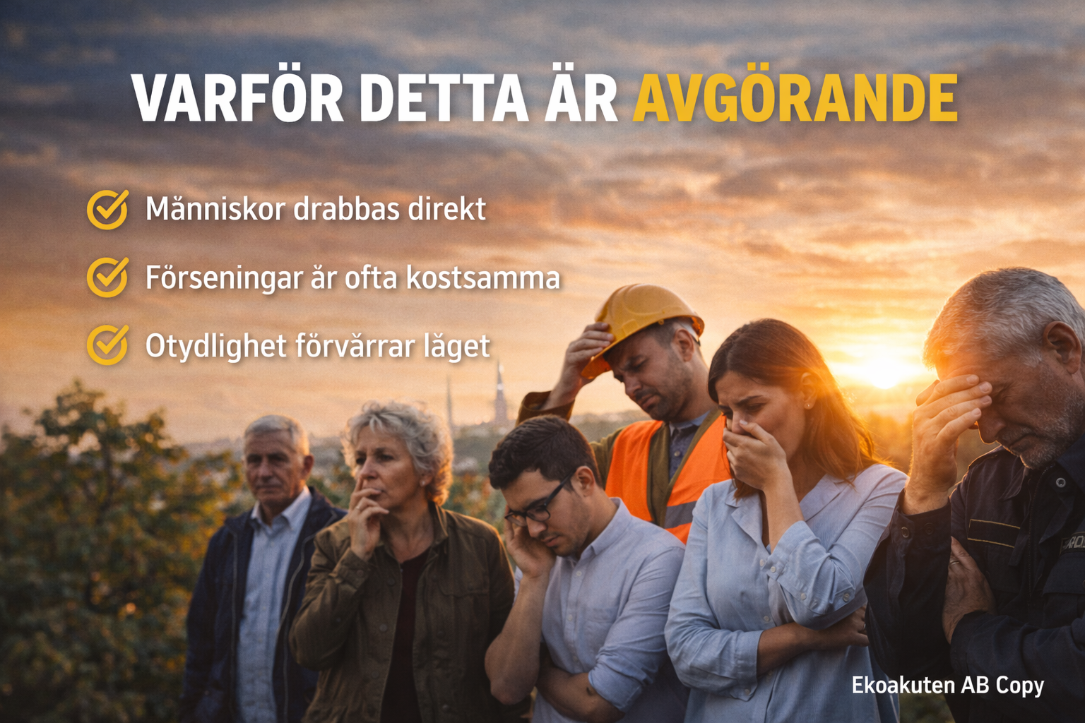 Grupp människor som visar oro och stress, illustrerar konsekvenser av ekonomisk osäkerhet – Ekoakuten AB