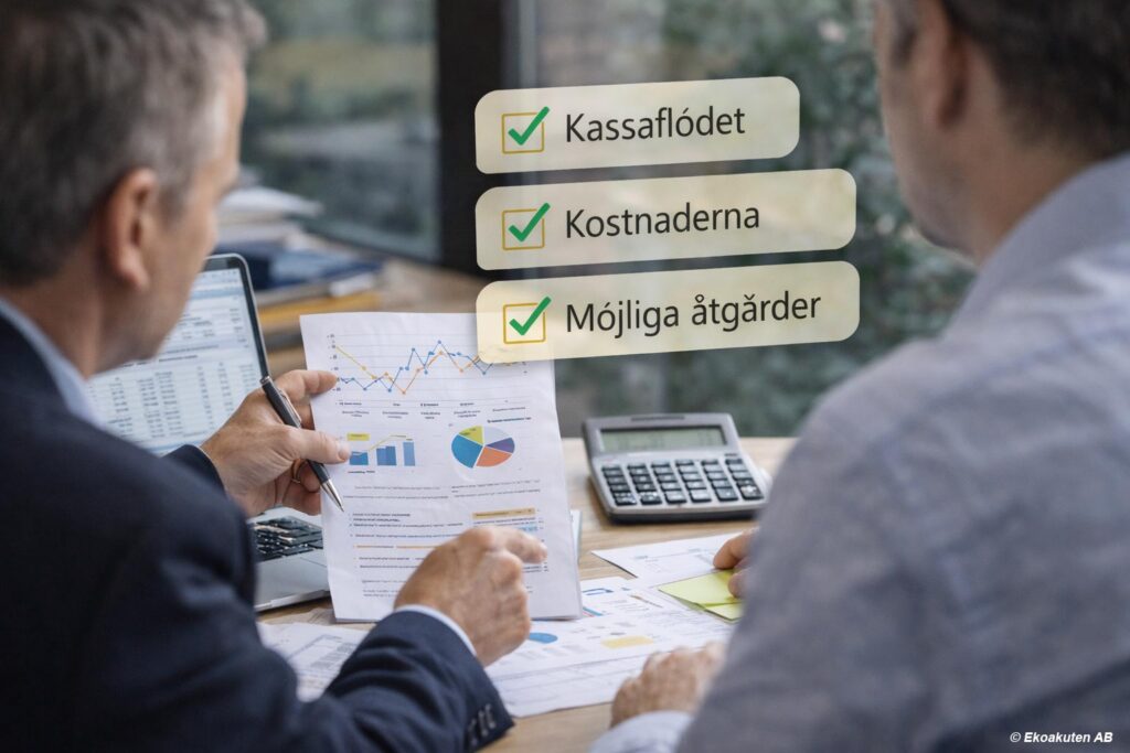 Genomgång av företagets ekonomi med fokus på kassaflöde, kostnader och möjliga åtgärder