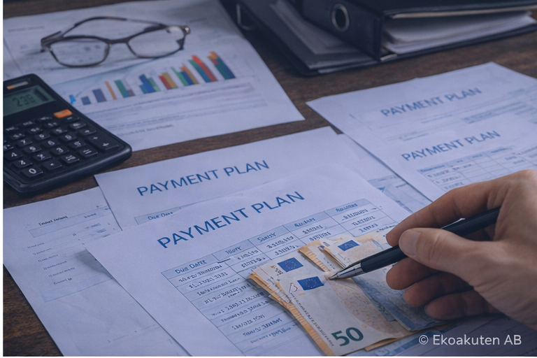 Företagare analyserar betalningsplan och kassaflöde vid likviditetsproblem i företag.