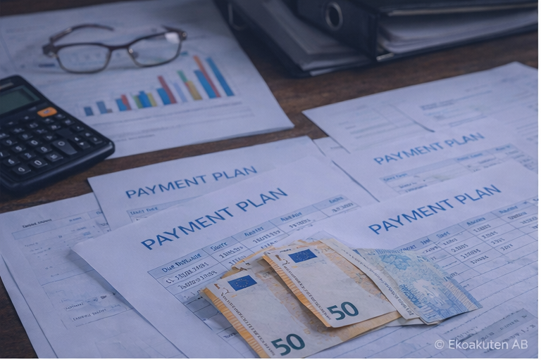 Flera betalningsplaner och kassaflödesdokument som visar likviditetsproblem i företag.