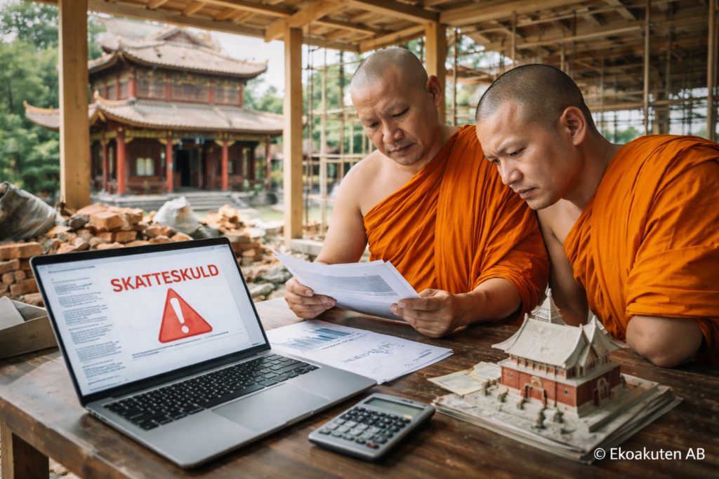 Buddhistiskt tempel under byggnation där ekonomiska handlingar granskas efter felaktig skatterådgivning och uppkommen skatteskuld