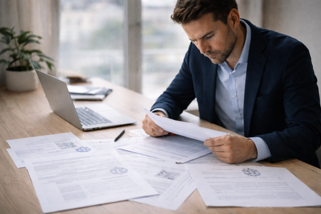 Företagare som går igenom ekonomiska krav och juridiska handlingar vid skrivbord.