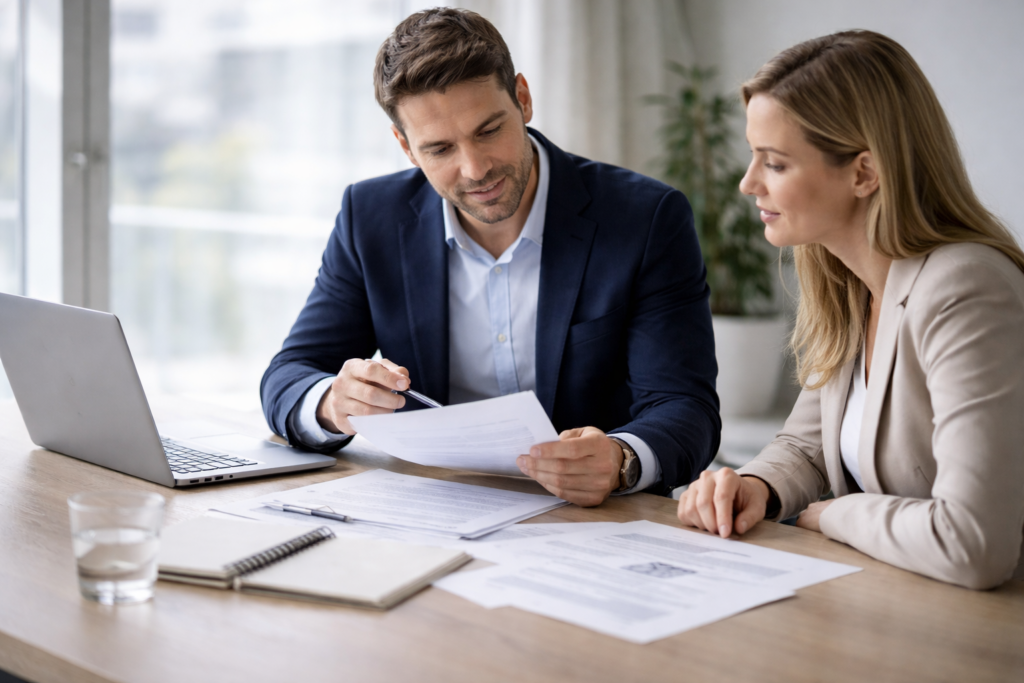 Rådgivningsmöte mellan konsult och ekonomisk rådgivare i tjänsteföretag.