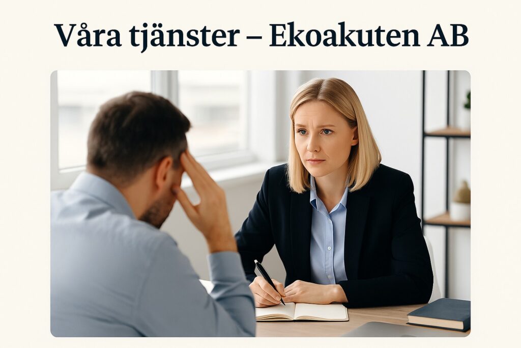 Professionell rådgivare i samtal med företagare – Ekoakuten AB:s tjänster för företag i ekonomisk kris