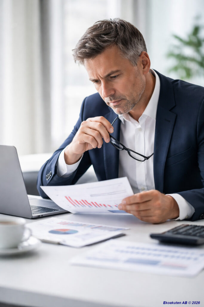 Företagare granskar ekonomisk rapport med nedåtgående siffror – varningssignaler i företaget i kris vid ekonomiska problem