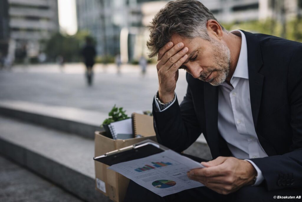 företagare sitter utomhus och oroar sig över företagets ekonomi och ekonomisk stress