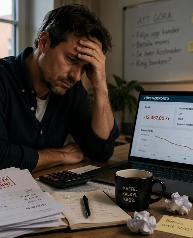 företagare med likviditetsproblem vid skrivbord