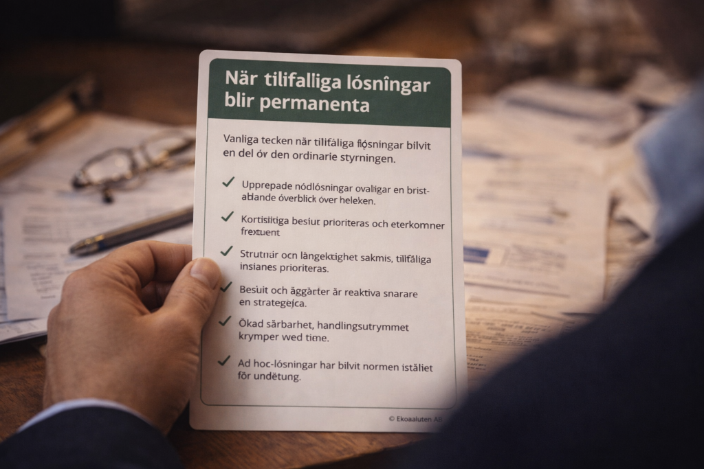 Fysisk faktaruta som visar vanliga tecken när tillfälliga lösningar blivit permanenta i företag