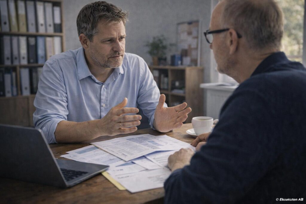 Företagare diskuterar ekonomiska problem och möjliga lösningar tillsammans med rådgivare