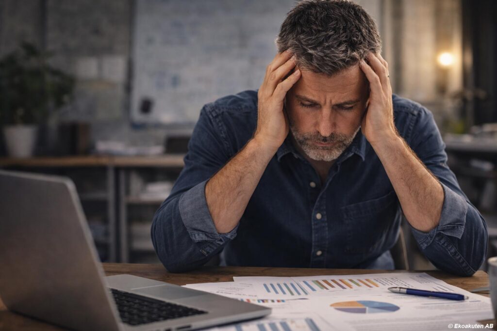 stressad företagare som försöker fatta svåra beslut i sitt företag