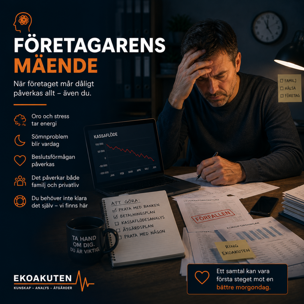 Företagare som sitter sent på kvällen och arbetar med ekonomiska problem, stress, oro och viktiga beslut som påverkar både företag och privatliv.