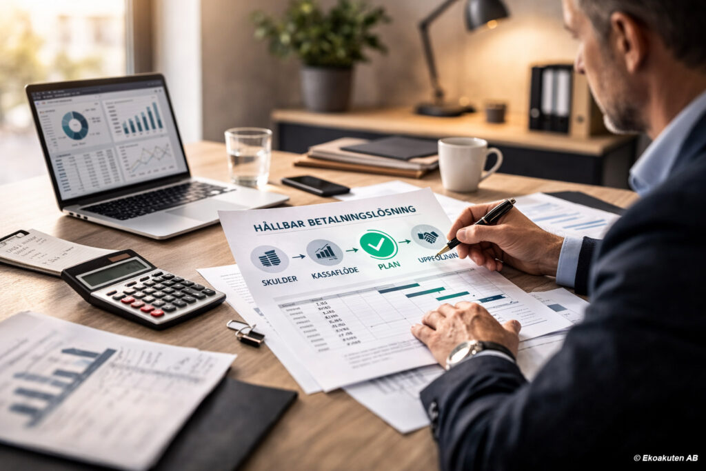 Företagare som analyserar hållbar betalningsplan vid inkasso mot företag