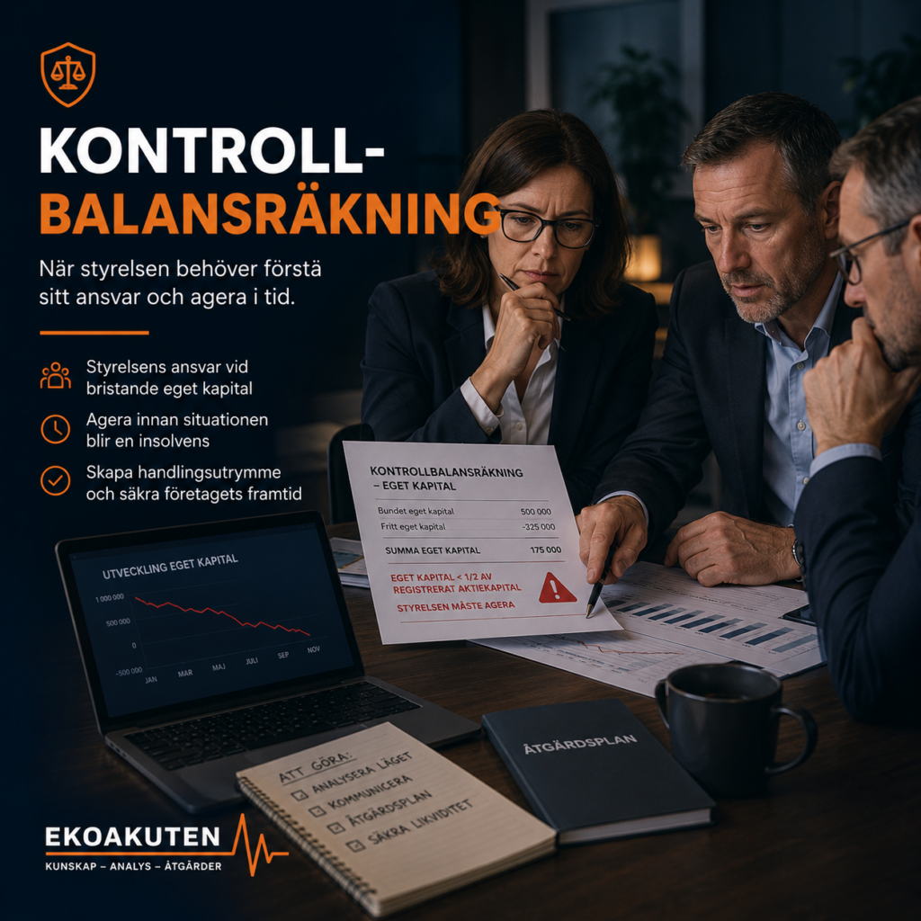 Kontrollbalansräkning – styrelse analyserar företagets egna kapital och ekonomiska situation för att bedöma ansvar och nödvändiga åtgärder