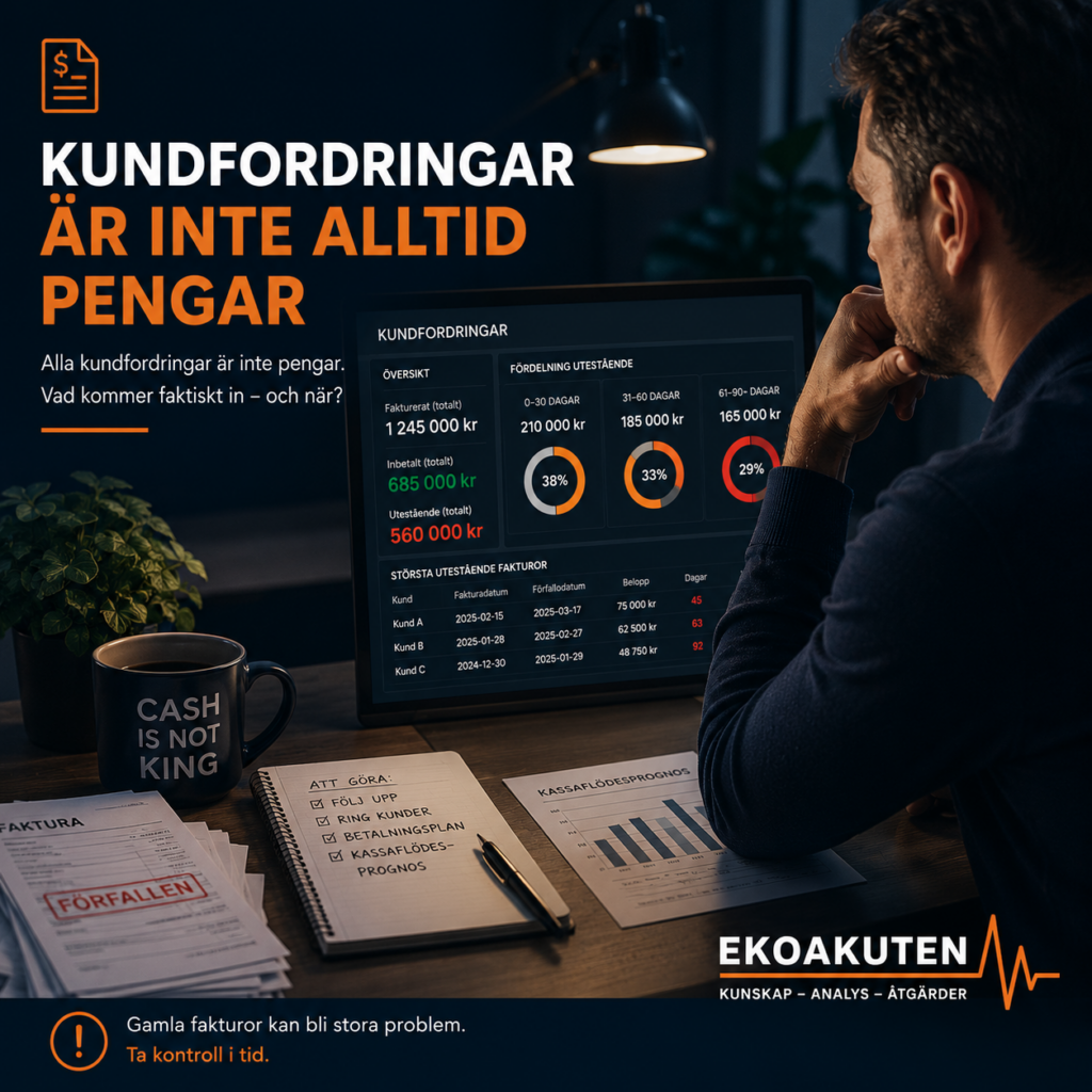Kundfordringar är inte alltid pengar – företagare analyserar förfallna fakturor, utestående kundfordringar och kassaflödesprognos för att bedöma företagets likviditet.