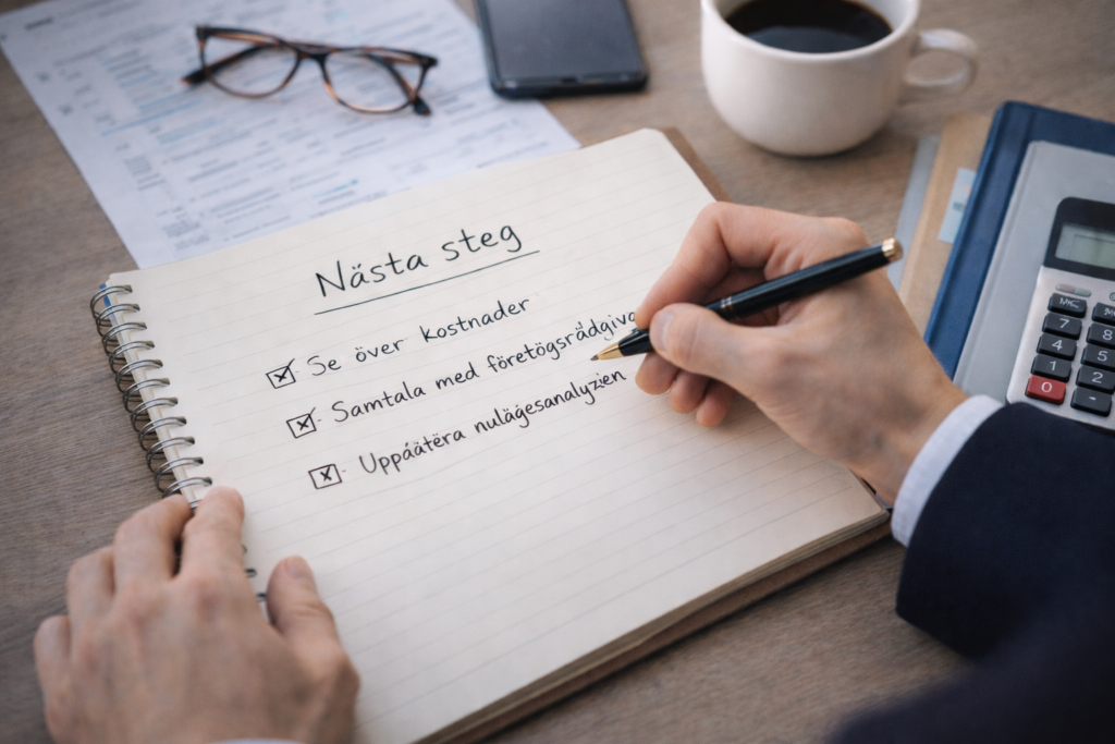 Checklista med nästa steg efter nulägesanalysekonomisk verklighetföretagets ekonomi