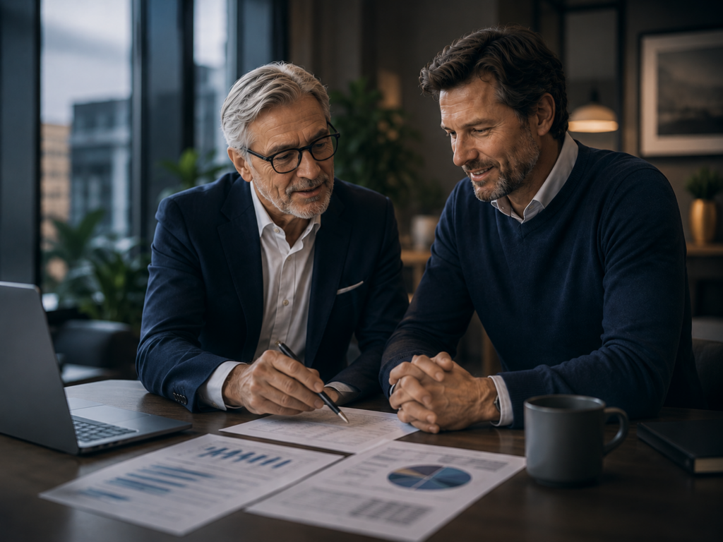Rådgivare och företagare går igenom ekonomiskt underlag inför nästa steg efter en ekonomisk nulägesbild.
