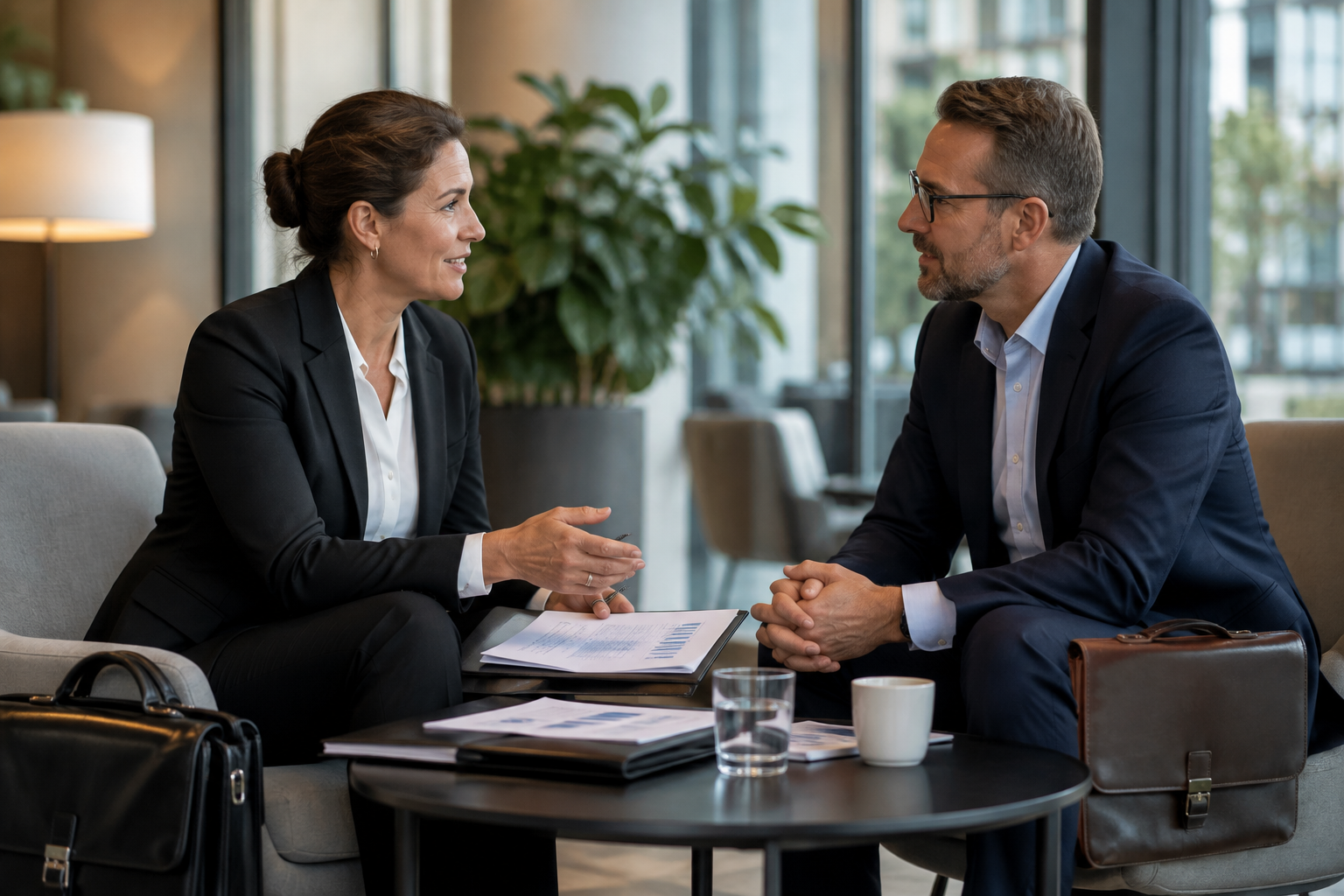 Två ombud med portföljer diskuterar en frivillig lösning på ett företags ekonomiska problem.