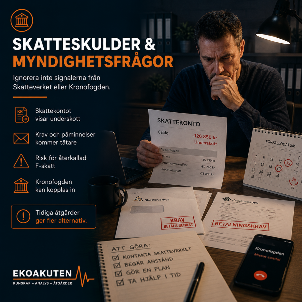 Företagare granskar skattekontoutdrag med underskott och kravbrev från Skatteverket och Kronofogden som illustrerar skatteskulder och myndighetsfrågor i företag.
