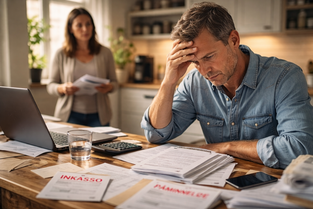 Företagare i ekonomisk kris vid köksbordet med kravbrev och obetalda fakturor – tidigt utgångsläge i anonymiserat kundcase