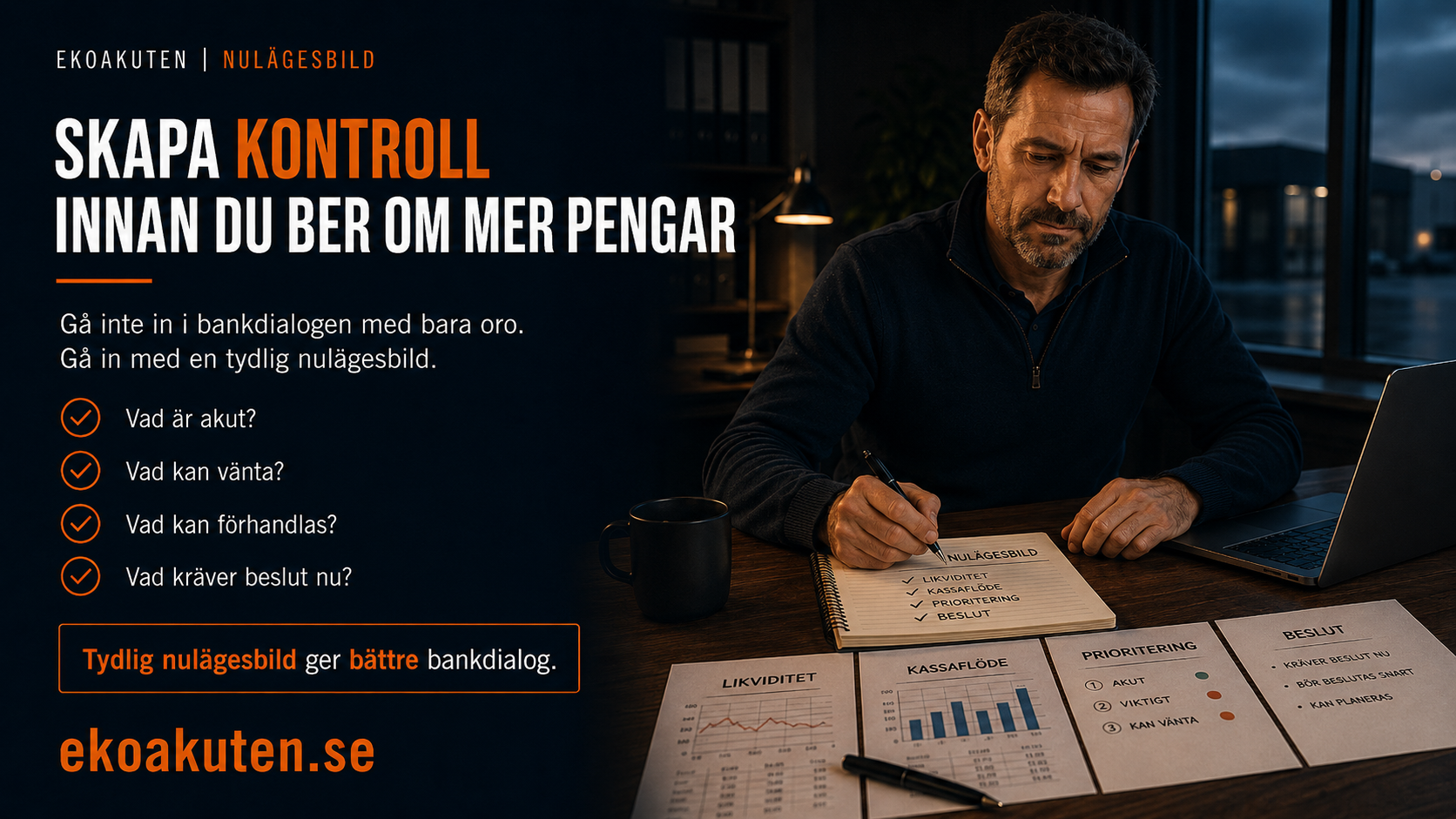 Företagare granskar fakturor, moms och leverantörsskulder inför bankdialog om vad pengarna ska användas till.
