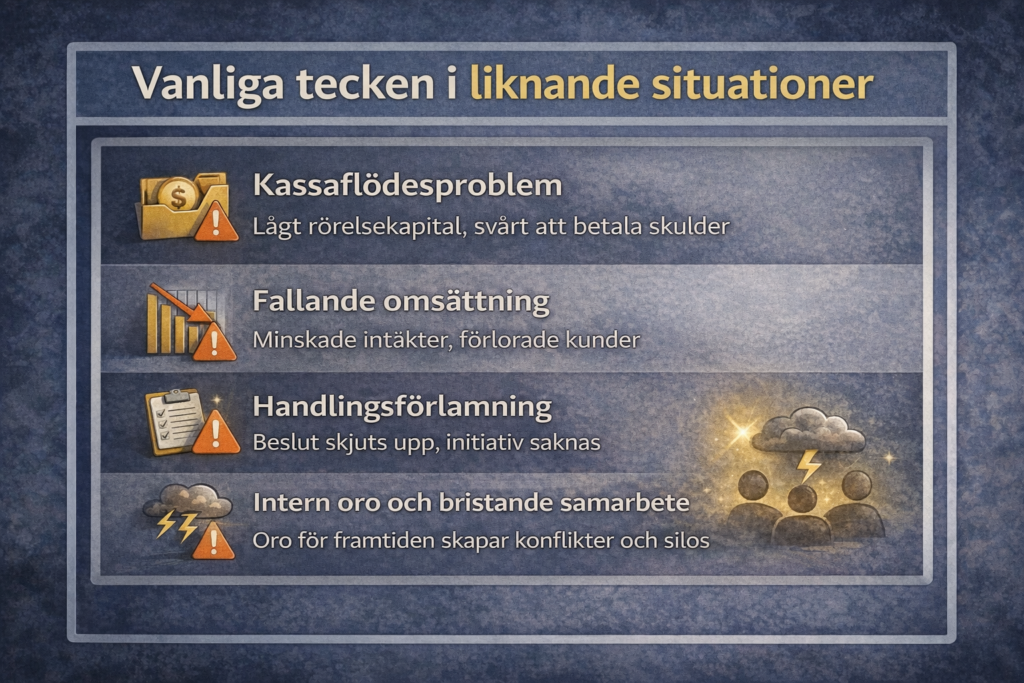 Vanliga tecken i liknande situationer där företag hamnar i ekonomisk kris och beslut skjuts upp