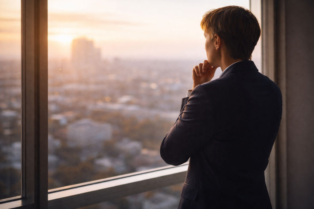 Företagare som reflekterar över nulägesanalys och ekonomiska beslut i sitt företag