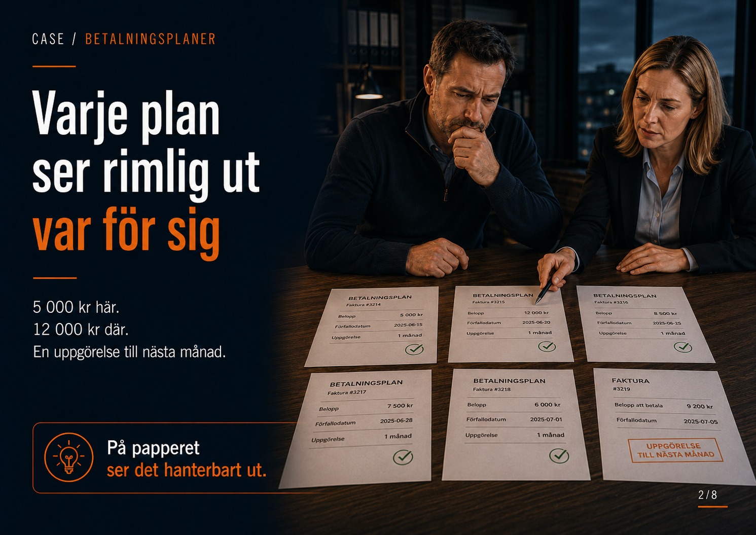 Flera separata betalningsplaner i företag ligger på ett bord och ser rimliga ut var för sig innan helheten räknas samman.
